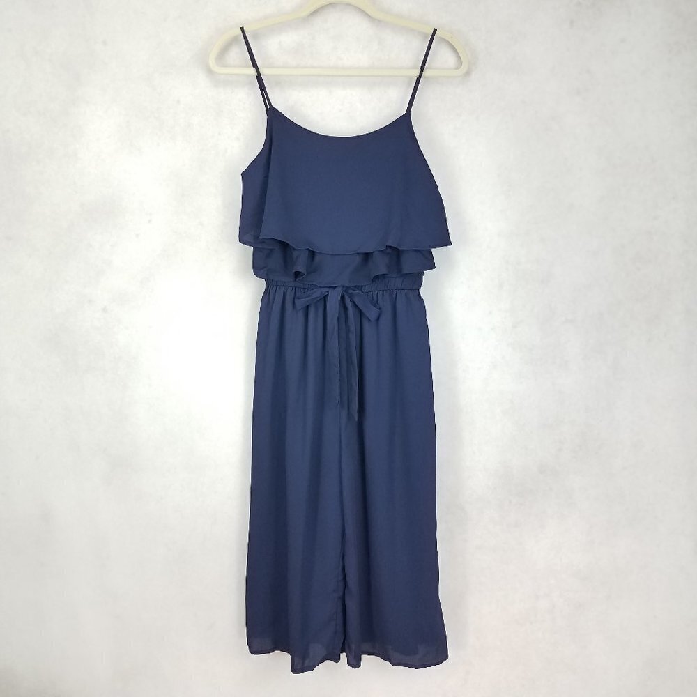 NEW One Clothing Size S Sleeveless Ruffle Pant Jumpsuit Cropped Wide Leg in Navy
